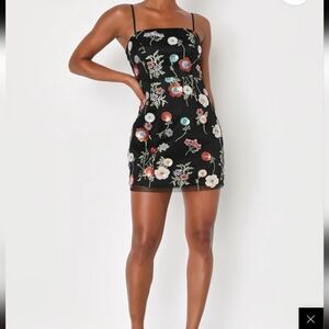 Lulus NEW Blooming Aesthetic Black Floral Embroidered Sequin Mini Dress